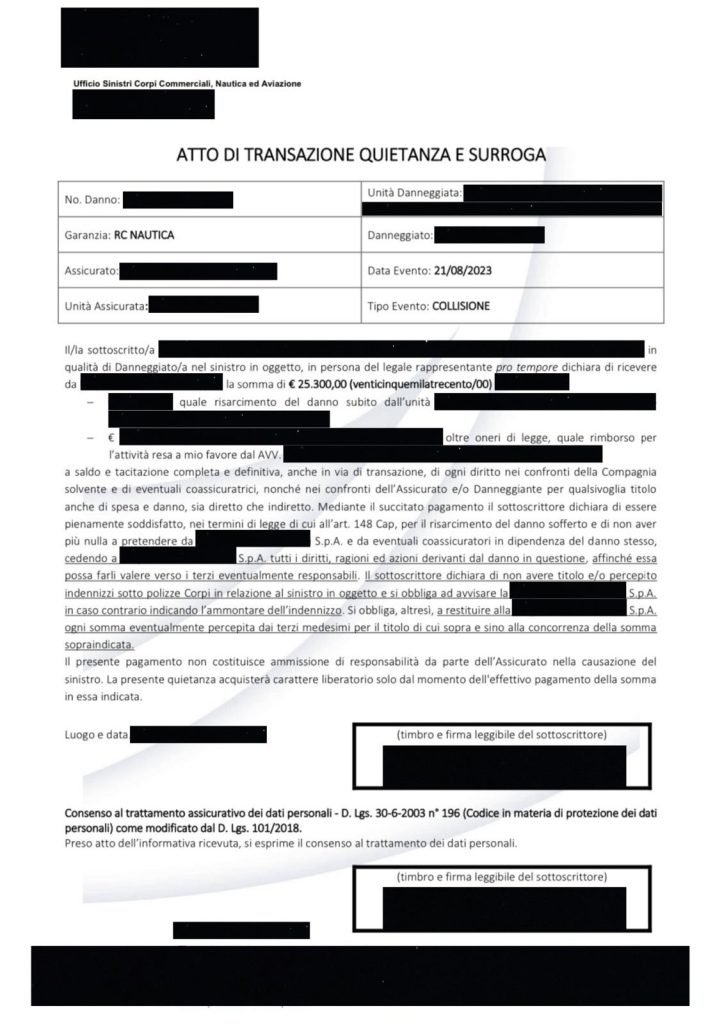 risarcimento danni sinistro nautico caso studio quietanza di pagamento