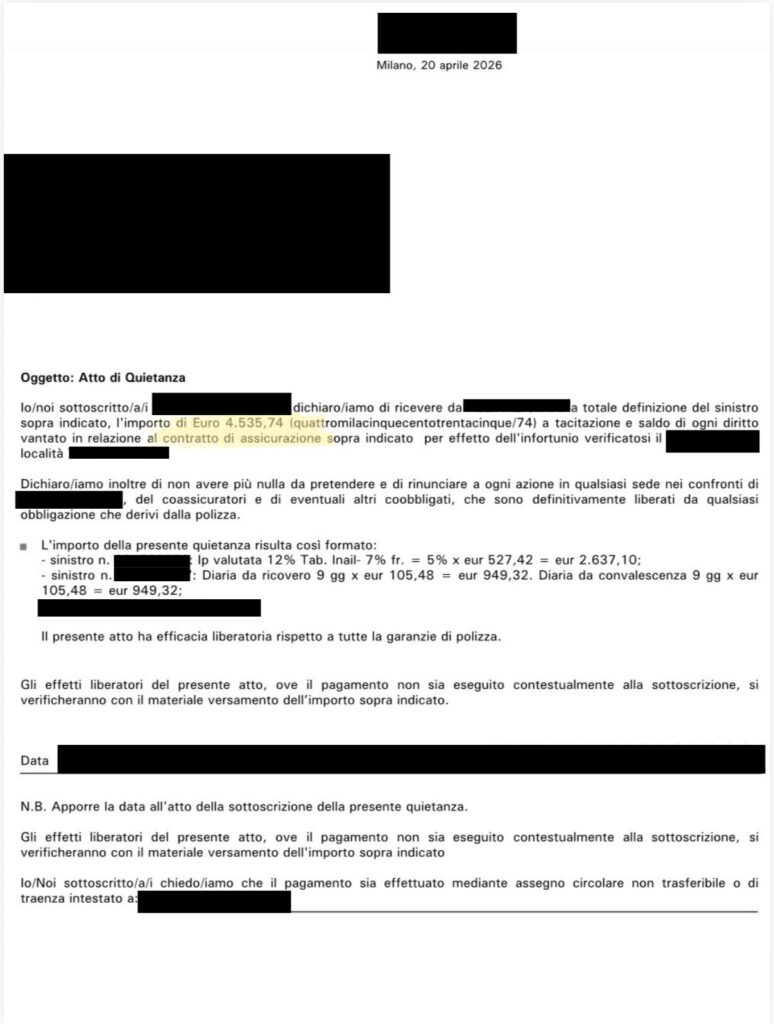 Quietanza di pagamento infortunio domestico